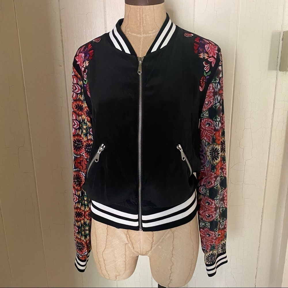 REBECCA MINKOFF sz 0 Black Bomber Jacket Floral Sleeves Silk